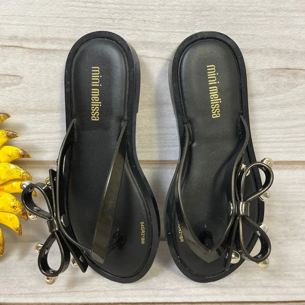 Mini Melissa Girls Black Jelly Flip Flop Sandals Bow Silver Ball Studded 11 Shoe